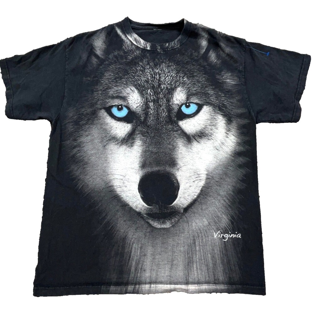 Vintage Nature Shirt Men Medium Black All Over Print Wolf Husky Dog 90s AOP